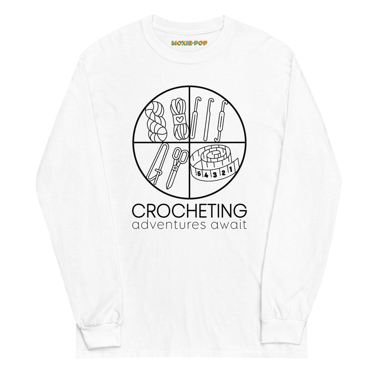 Lay flat product image of Moxie•Pop's mens' long sleeve graphic tee with "CROCHETING adventures await" below a circle filled with crocheting implements icons design in white