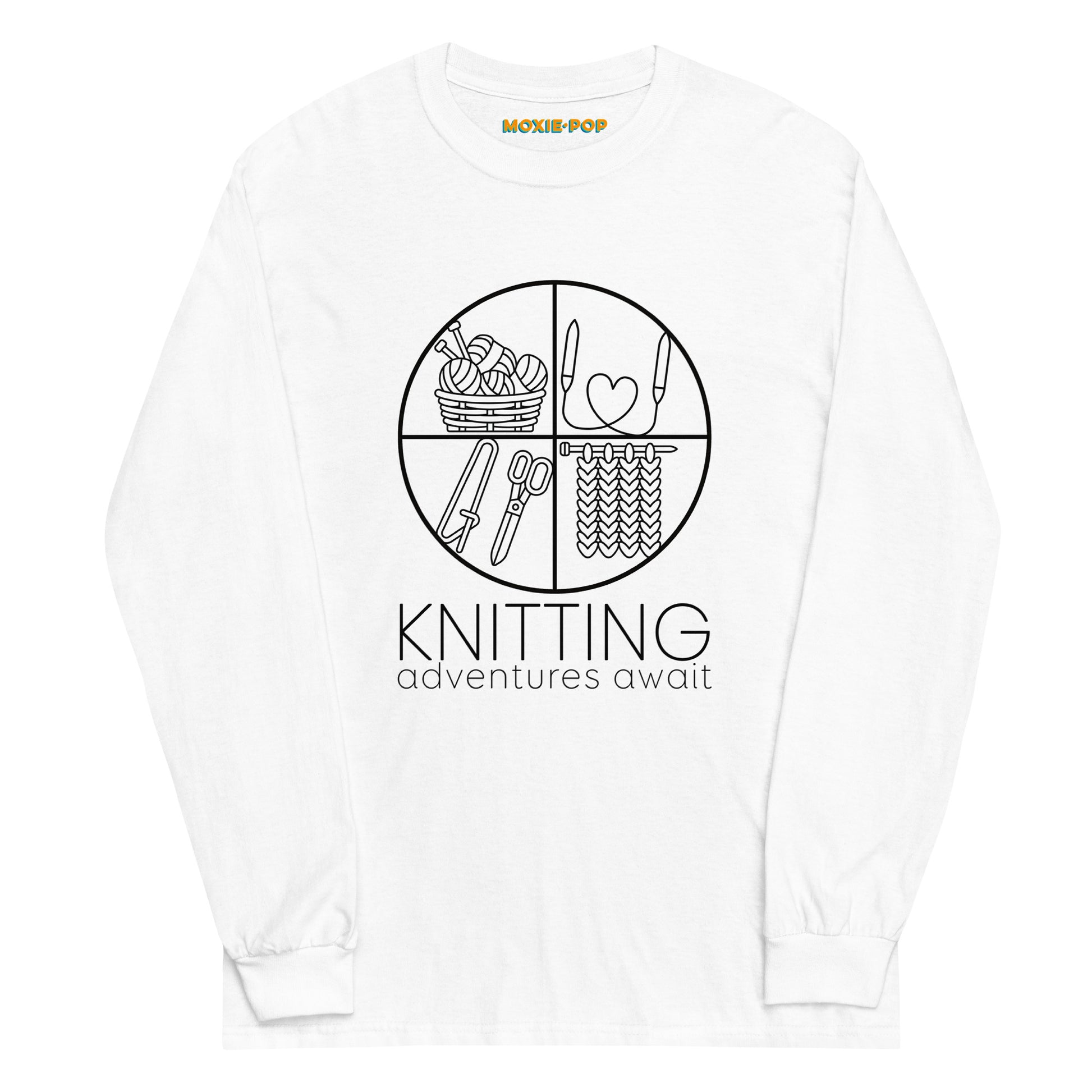 Lay flat product image of Moxie•Pop's men's long sleeve graphic tee with "KNITTING adventures await" below a circle filled with knitting implements icons design in white