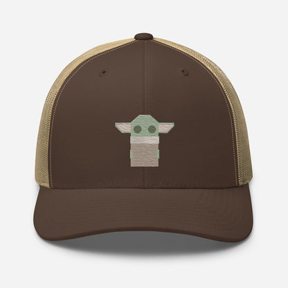 Moxie•Pop's embroidered trucker hat with a geometric-style Grogu product image in brown with khaki