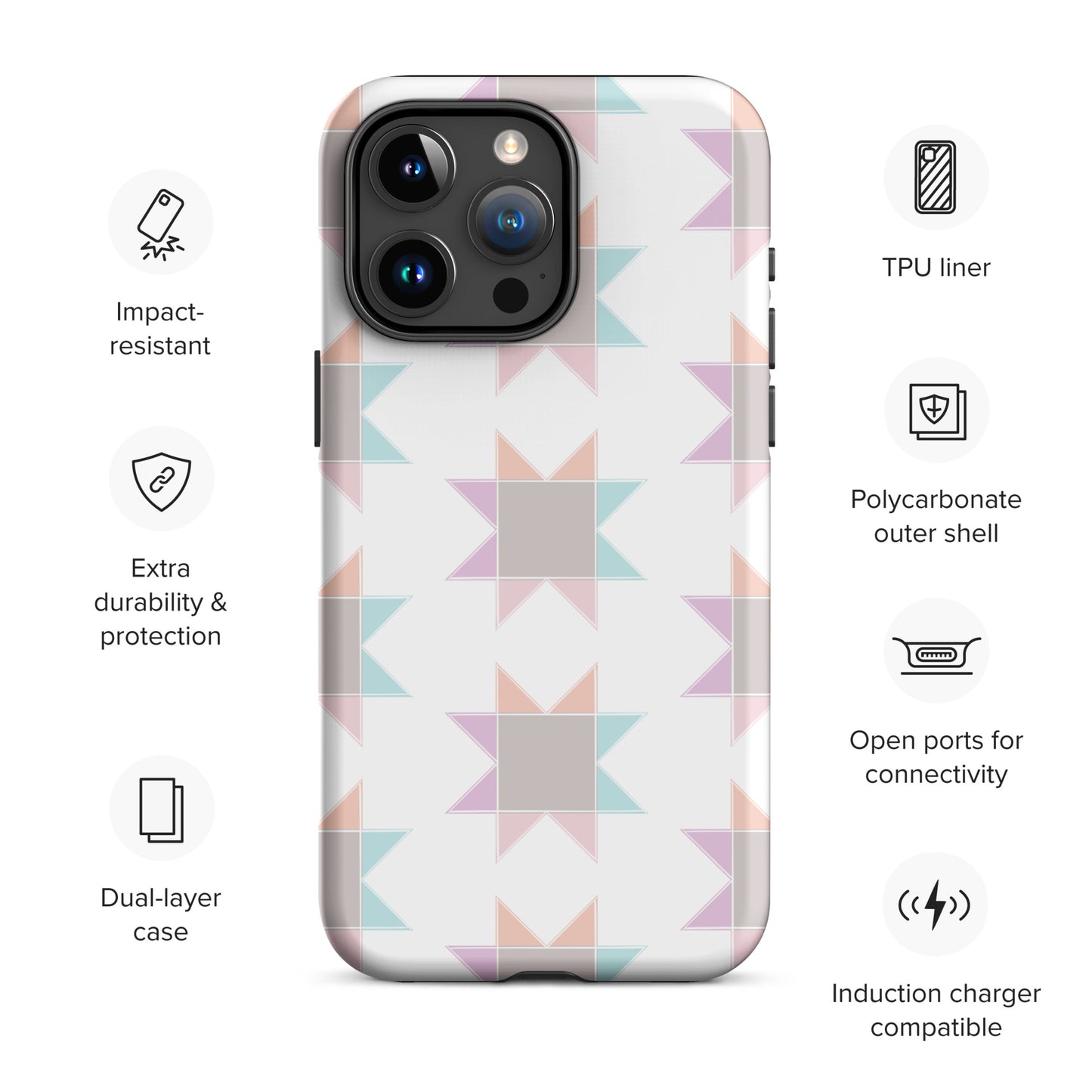 Lay flat product image for Moxie•Pop's tough case for iPhone® with specs with staggered pastel sawtooth star quilt blocks design 