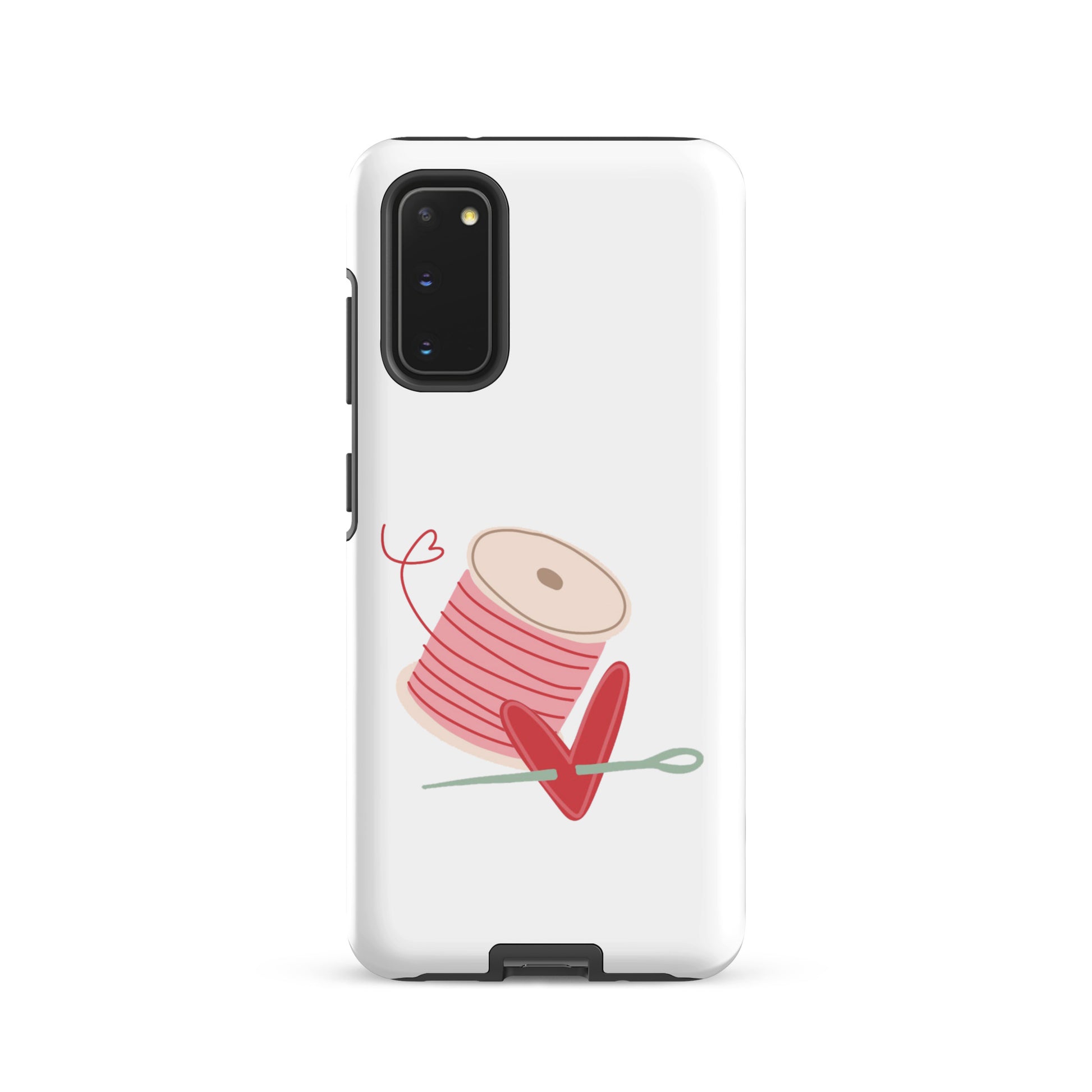 Product image of Moxie•Pop's tough case for Samsung® with a hand-drawn spool of pink thread and a heart pierced by a needle on a Galaxy S20