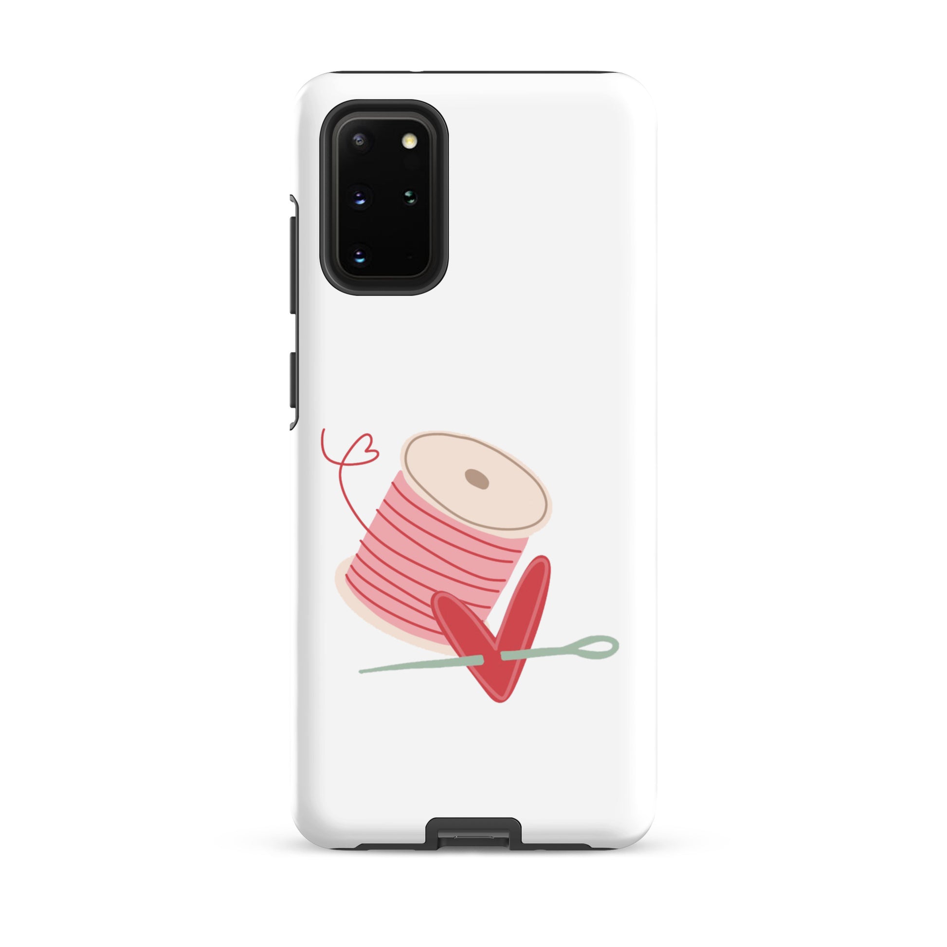 Product image of Moxie•Pop's tough case for Samsung® with a hand-drawn spool of pink thread and a heart pierced by a needle on a Galaxy S20 Plus