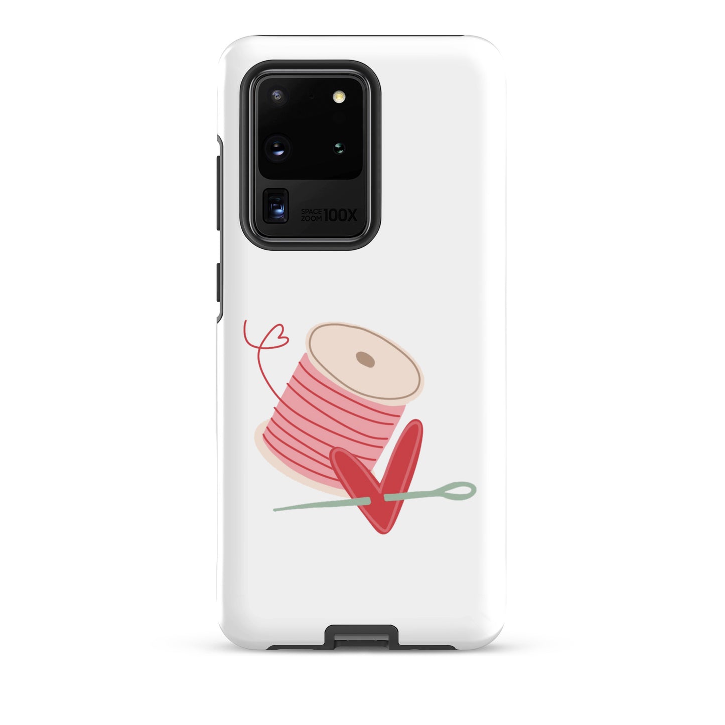 Product image of Moxie•Pop's tough case for Samsung® with a hand-drawn spool of pink thread and a heart pierced by a needle on a Galaxy S20 Ultra