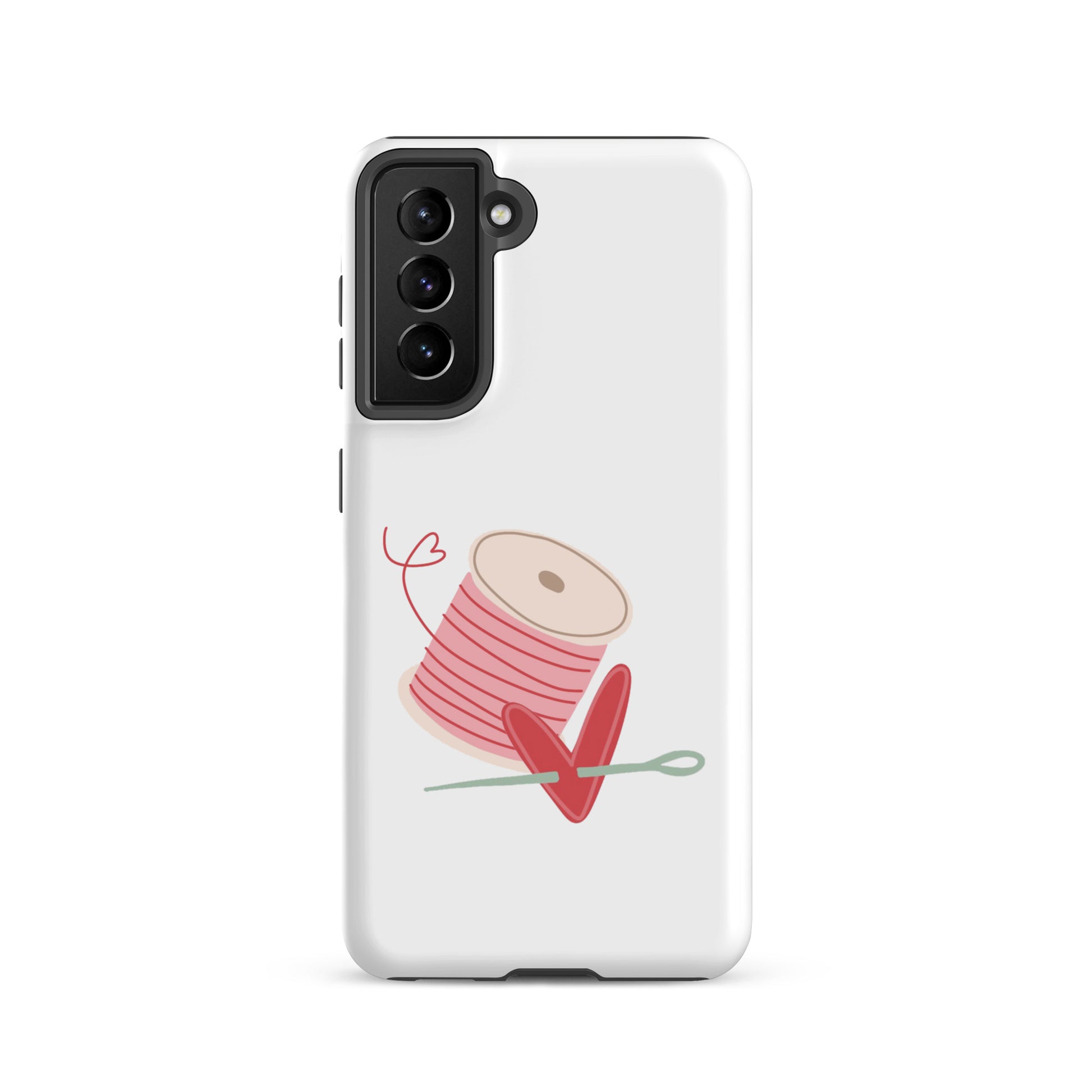 Product image of Moxie•Pop's tough case for Samsung® with a hand-drawn spool of pink thread and a heart pierced by a needle on a Galaxy S21