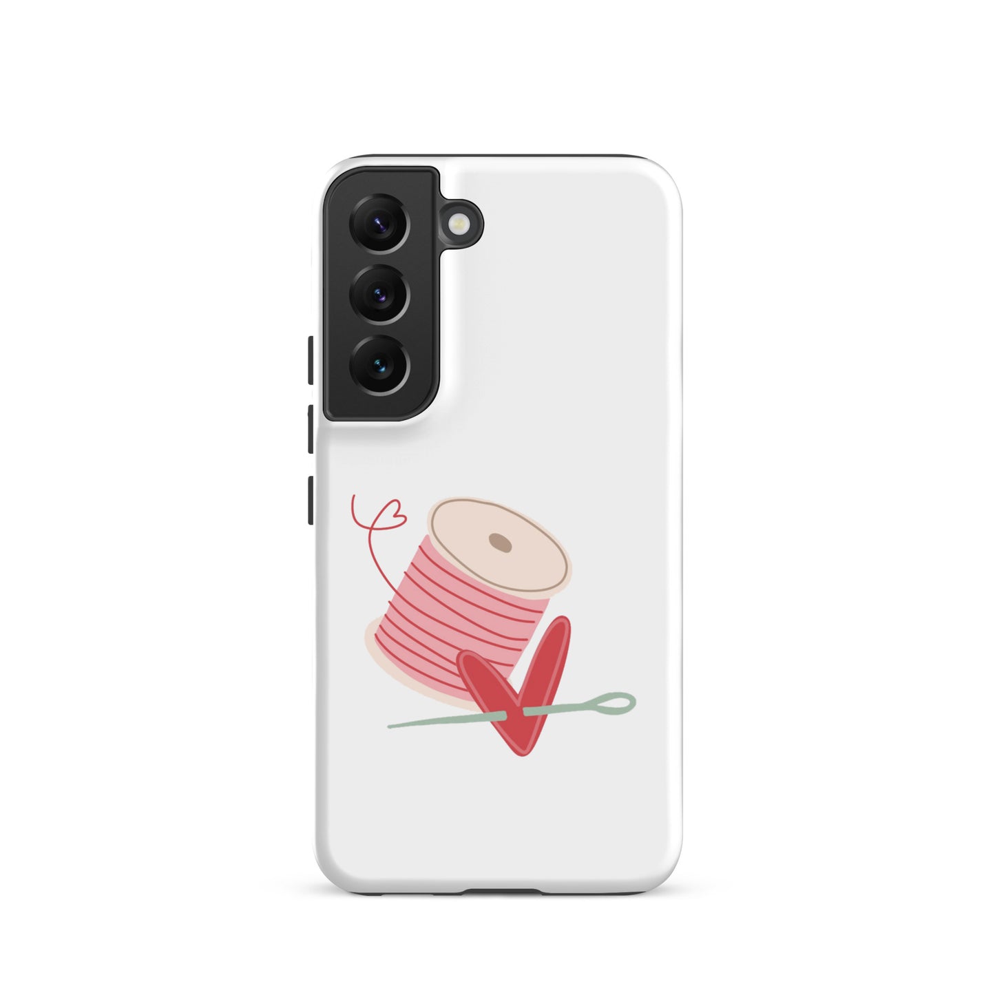 Product image of Moxie•Pop's tough case for Samsung® with a hand-drawn spool of pink thread and a heart pierced by a needle on a Galaxy S22