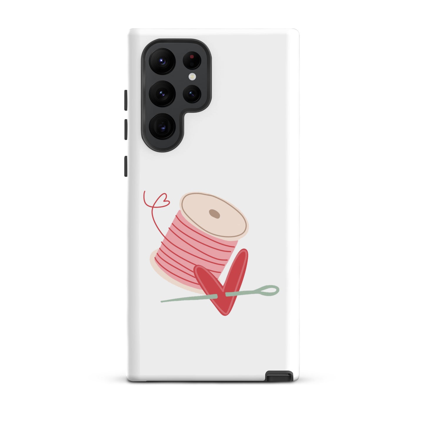 Product image of Moxie•Pop's tough case for Samsung® with a hand-drawn spool of pink thread and a heart pierced by a needle on a Galaxy S22 Ultra