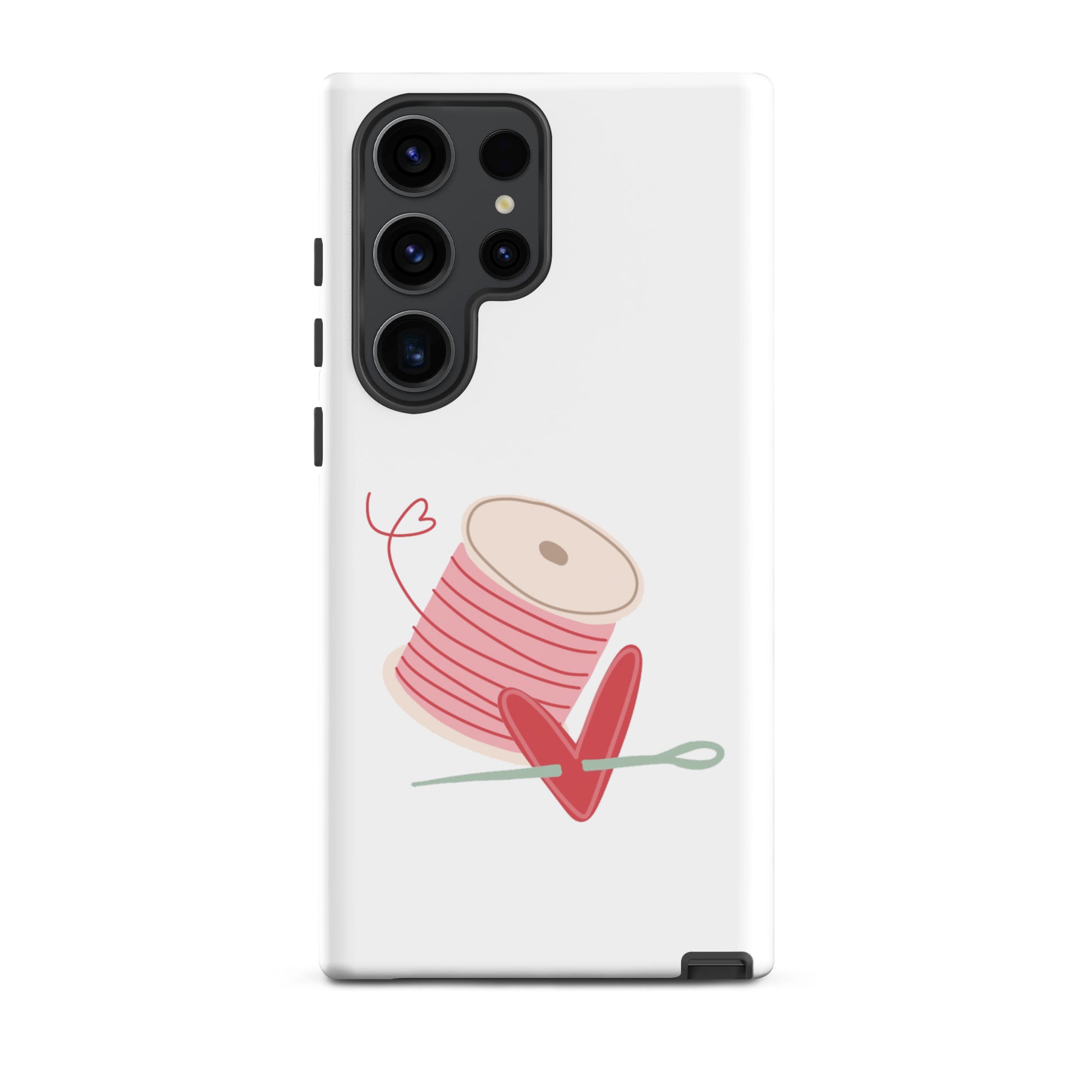 Product image of Moxie•Pop's tough case for Samsung® with a hand-drawn spool of pink thread and a heart pierced by a needle on a Galaxy S23 Ultra