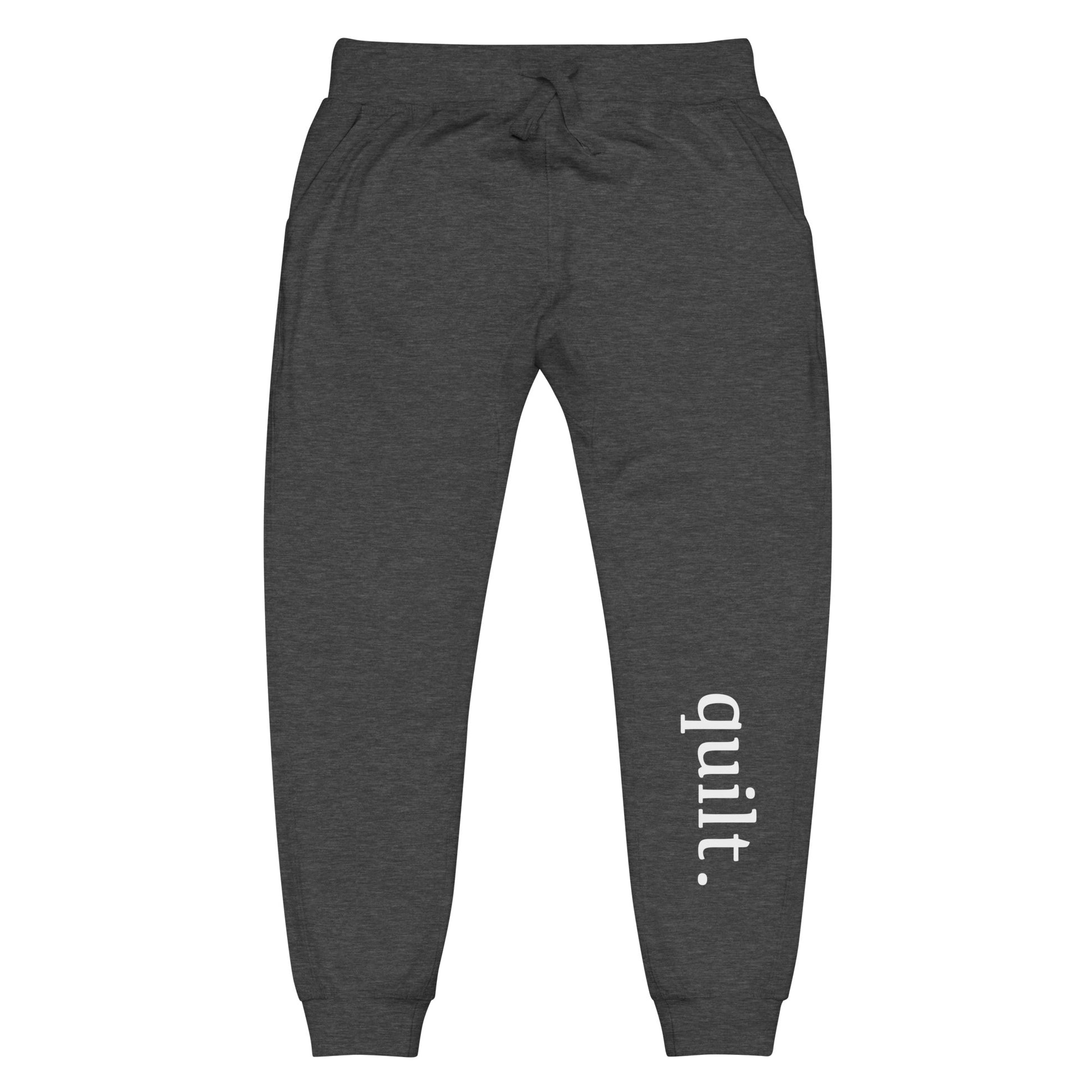 Moxie•Pop's unisex fleece jogger sweatpants with "quilt." on the front left shin in charcoal heather