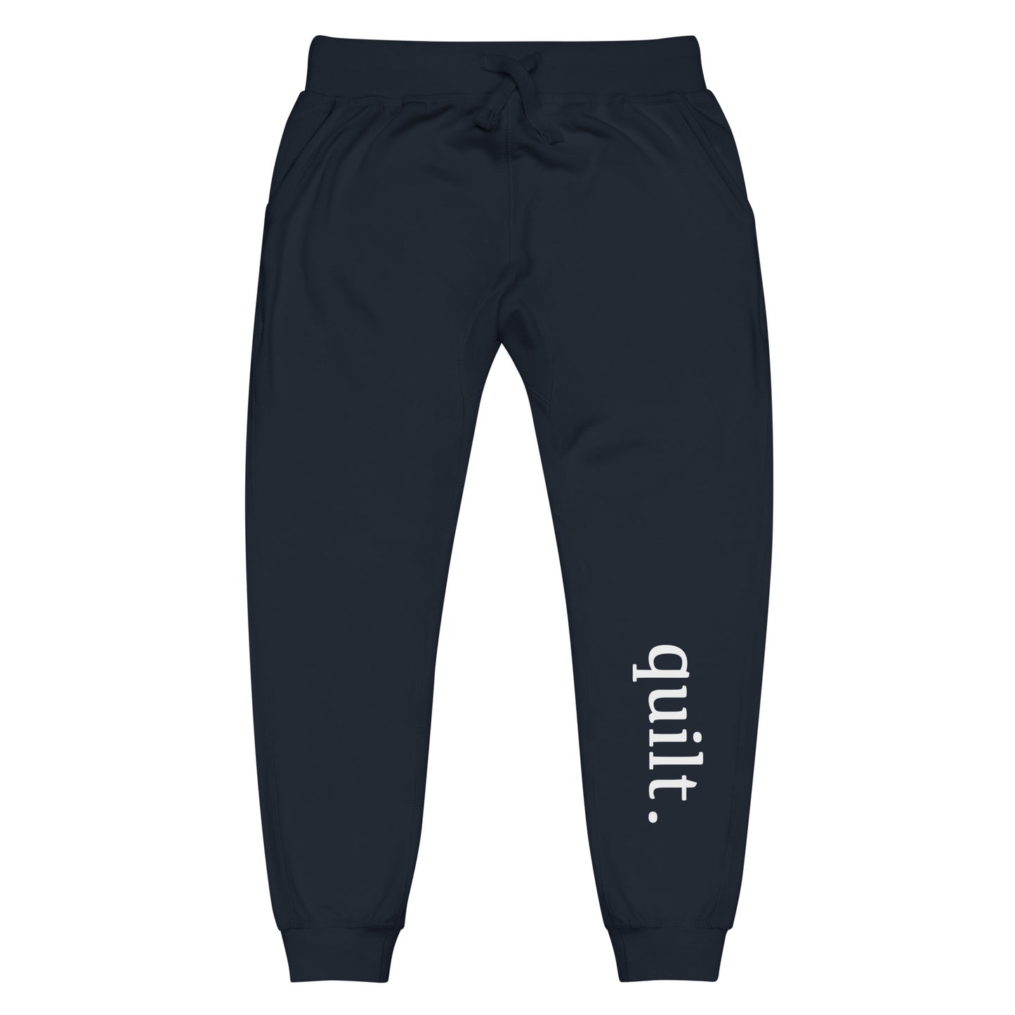 Moxie•Pop's unisex fleece jogger sweatpants with "quilt." on the front left shin in navy