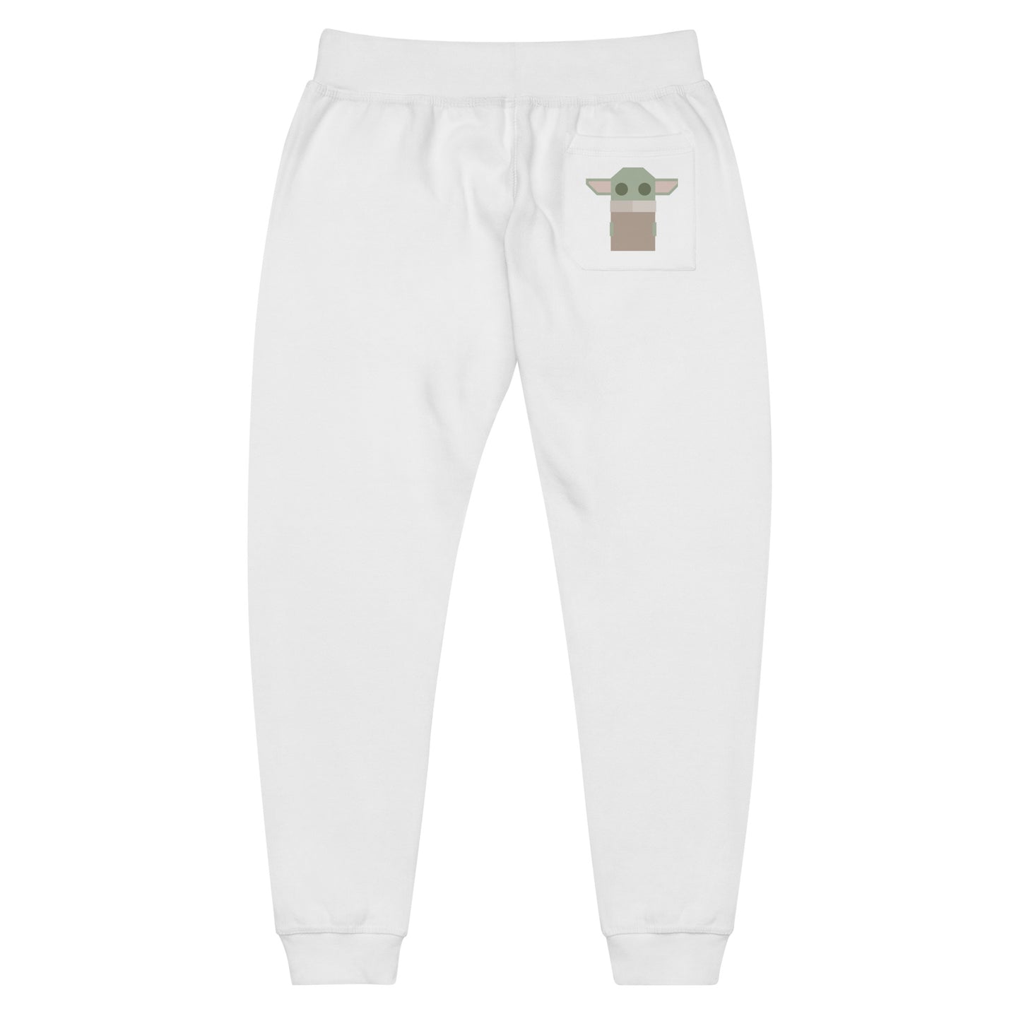 Lay flat product image of Moxie•Pop's unisex sweatpants with stylized geometric Grogu on back pocket in white