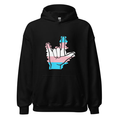 Ghost product image of Moxie•Pop's unisex graphic hoodie with blue, pink, and white stripes behind a black ASL I love you hand sign icon in support of transgendered design in black