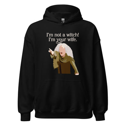 Ghost product image of Moxie•Pop's unisex graphic hoodie with a illustration Valerie from The Princess Bride with the phrase 'I'm Not a Witch! I'm you wife." in black