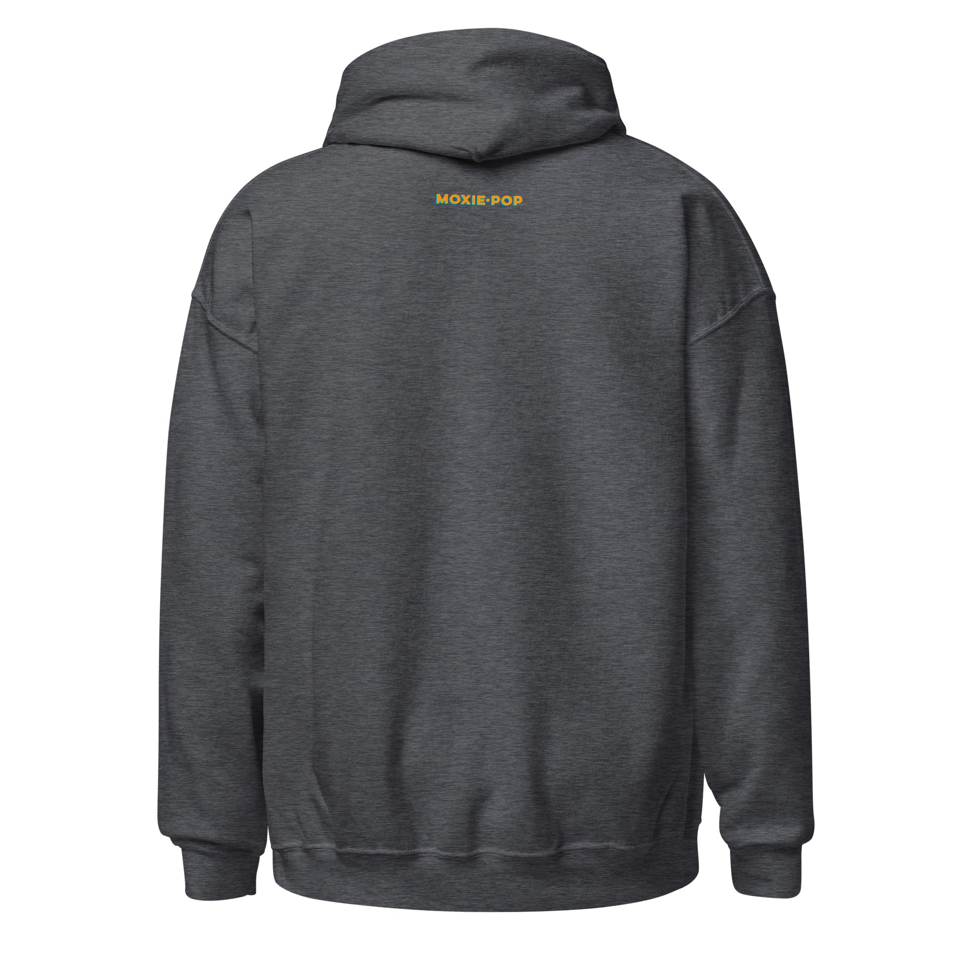 Back view of Lay flat product image of Moxie•Pop's unisex graphic hoodie with our logo