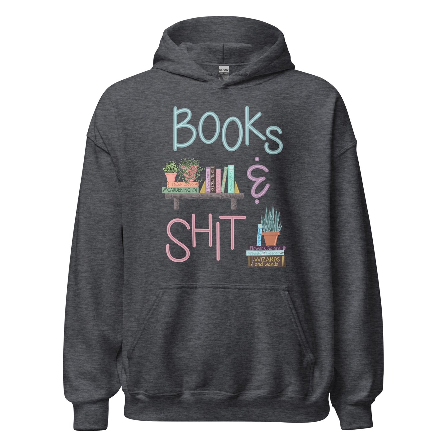 Ghost product image of Moxie•Pop's unisex graphic hoodie with "Books & Shit" with books and house plants artwork in dark heather