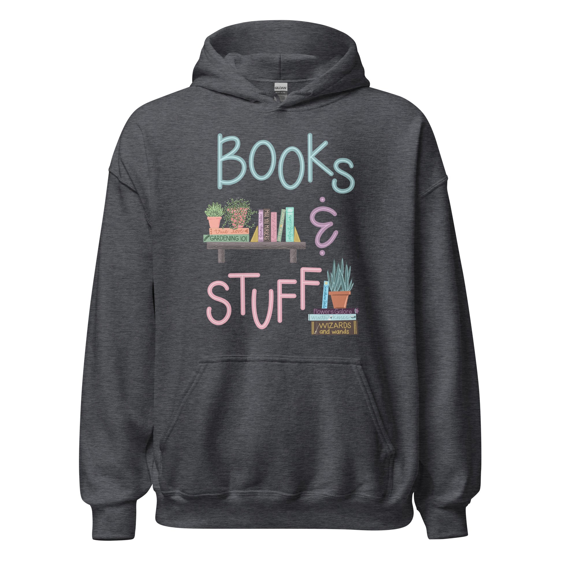 Ghost product image of Moxie•Pop's unisex graphic hoodie with "Books & Stuff" with books and house plants artwork in dark heather