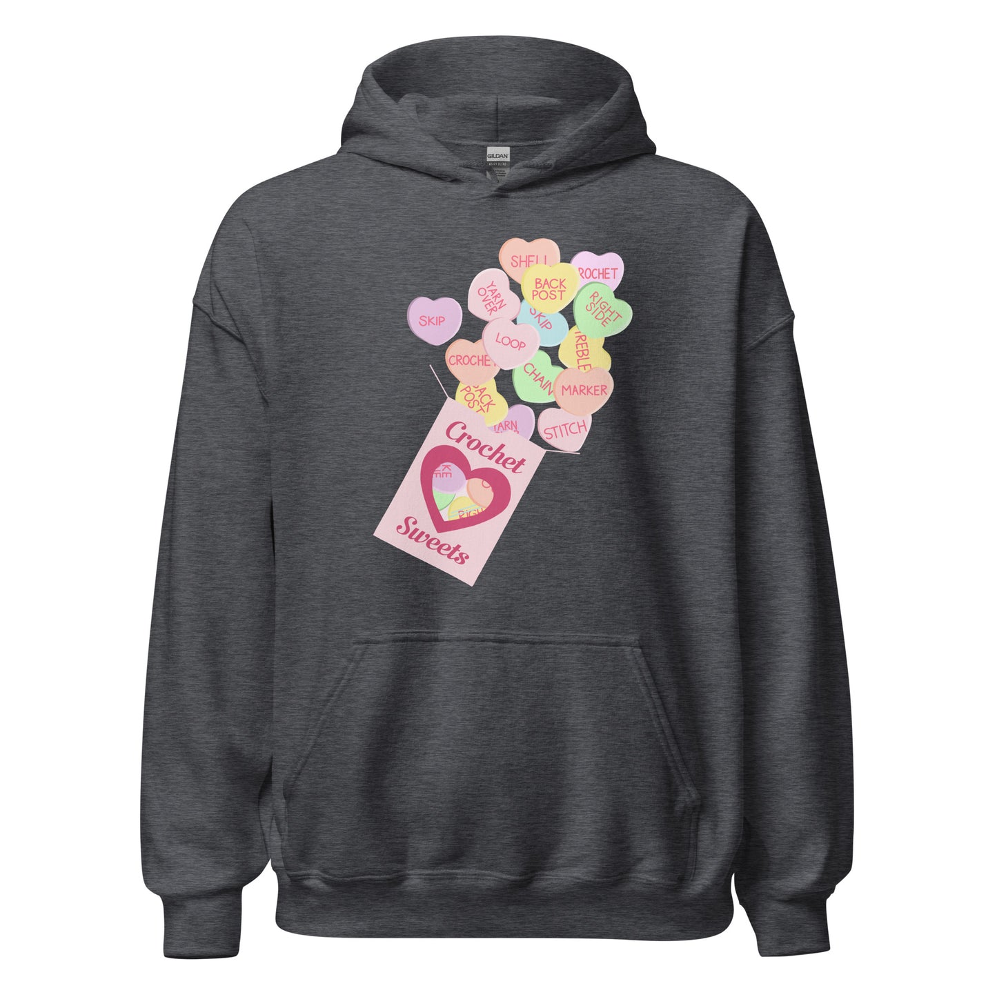 Ghost product image of Moxie•Pop's unisex graphic hoodie with a 'Crochet Sweets' valentine's conversation hearts with crochet terms design in dark heather 