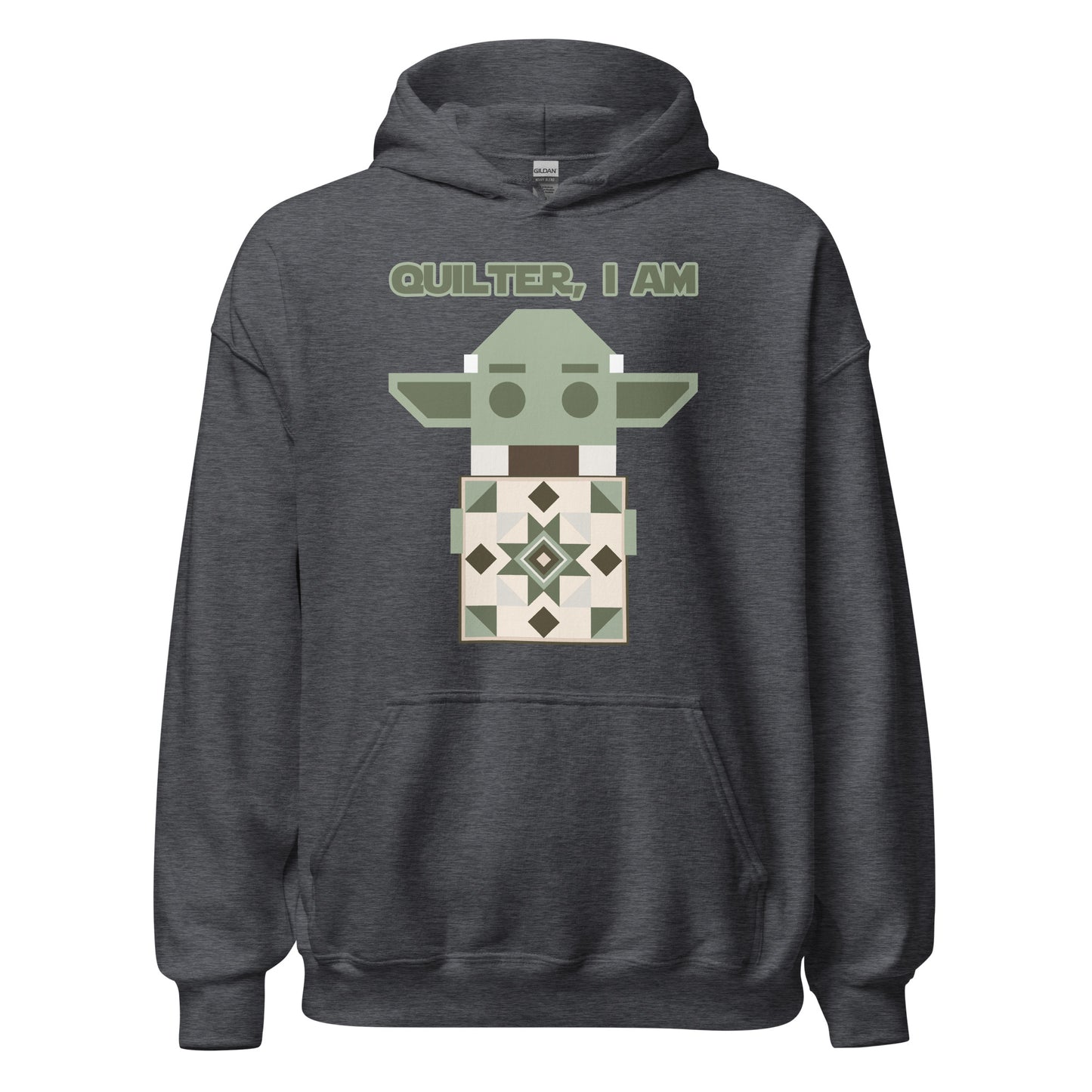 Lay flat product image of Moxie•Pop's unisex graphic hoodie with a geometric Yoda holding a quilt with the phrase "Quilter, I am" design in dark heather