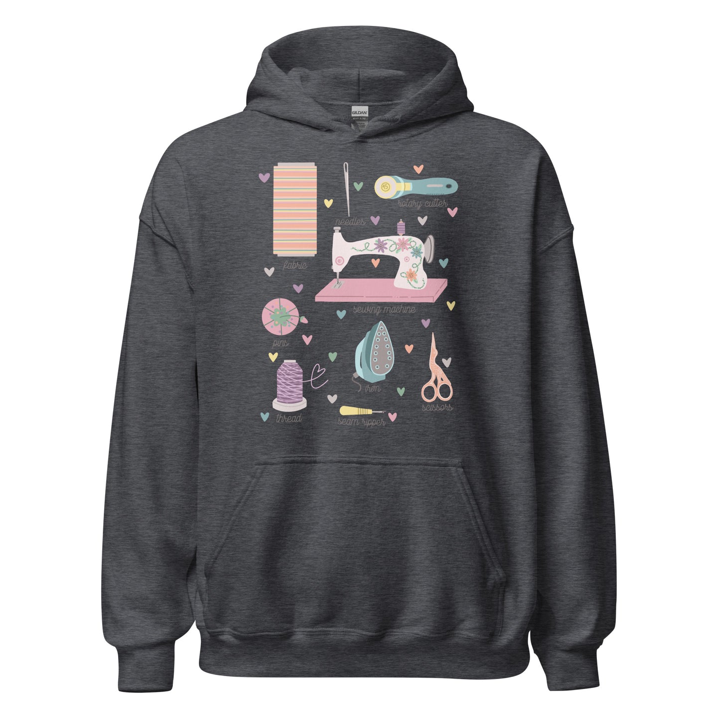 Ghost product image of Moxie•Pop's unisex graphic hoodie with a hand-drawn design of a series of sewing tools with their names below design in dark heather