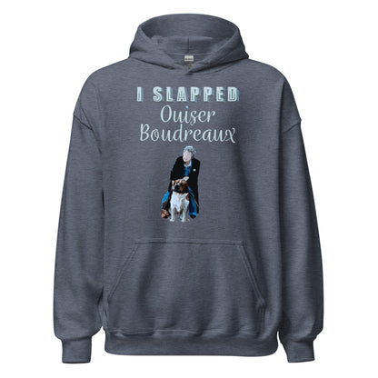 Ghost flat product image of Moxie•Pop's unisex graphic hoodie with the hand lettered phrase "I slapped Ouiser Boudreaux" and and illustration of Ouiser and her St. Bernard, Rex design in heather sport dark navy