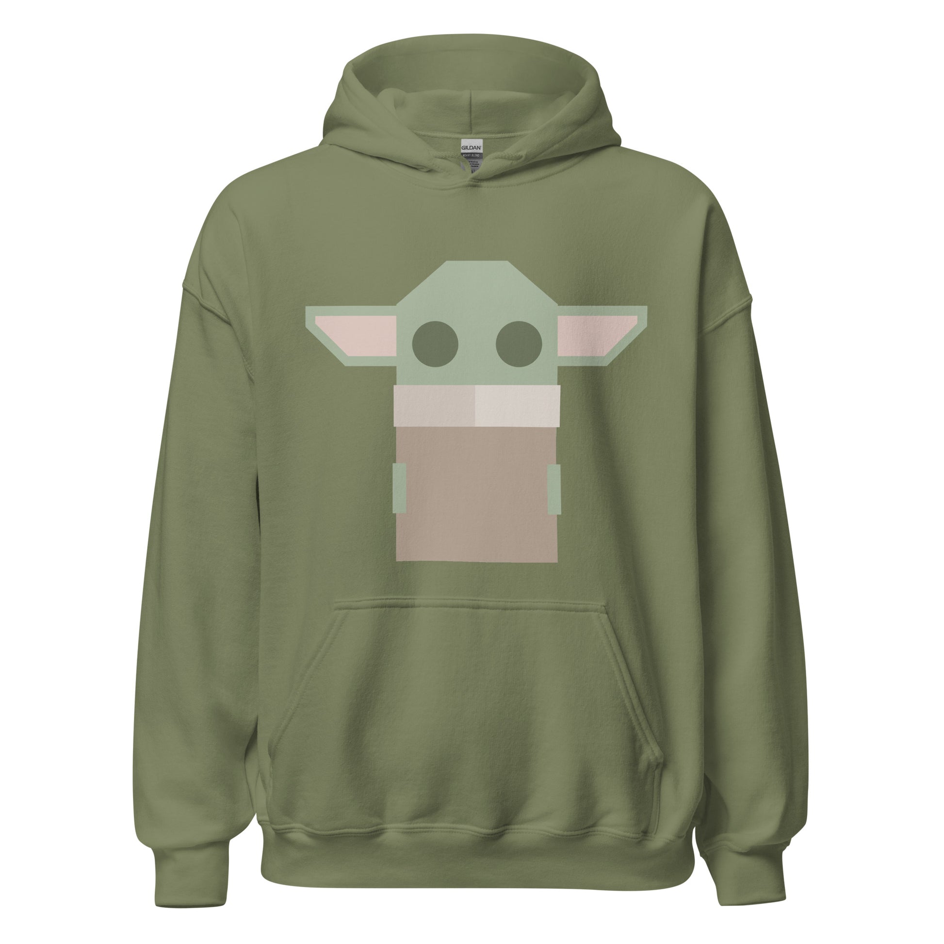 Ghost product image of Moxie•Pop's unisex graphic hoodie with a stylized geometric Grogu design in military green