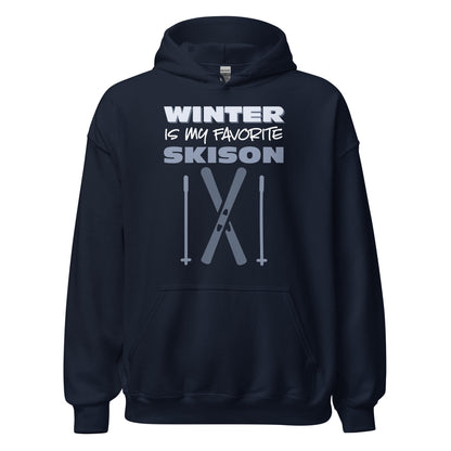 Ghost product image of Moxie•Pop's unisex graphic hoodie with "Winter is my favorite skison" typography with skis and poles icon design in navy