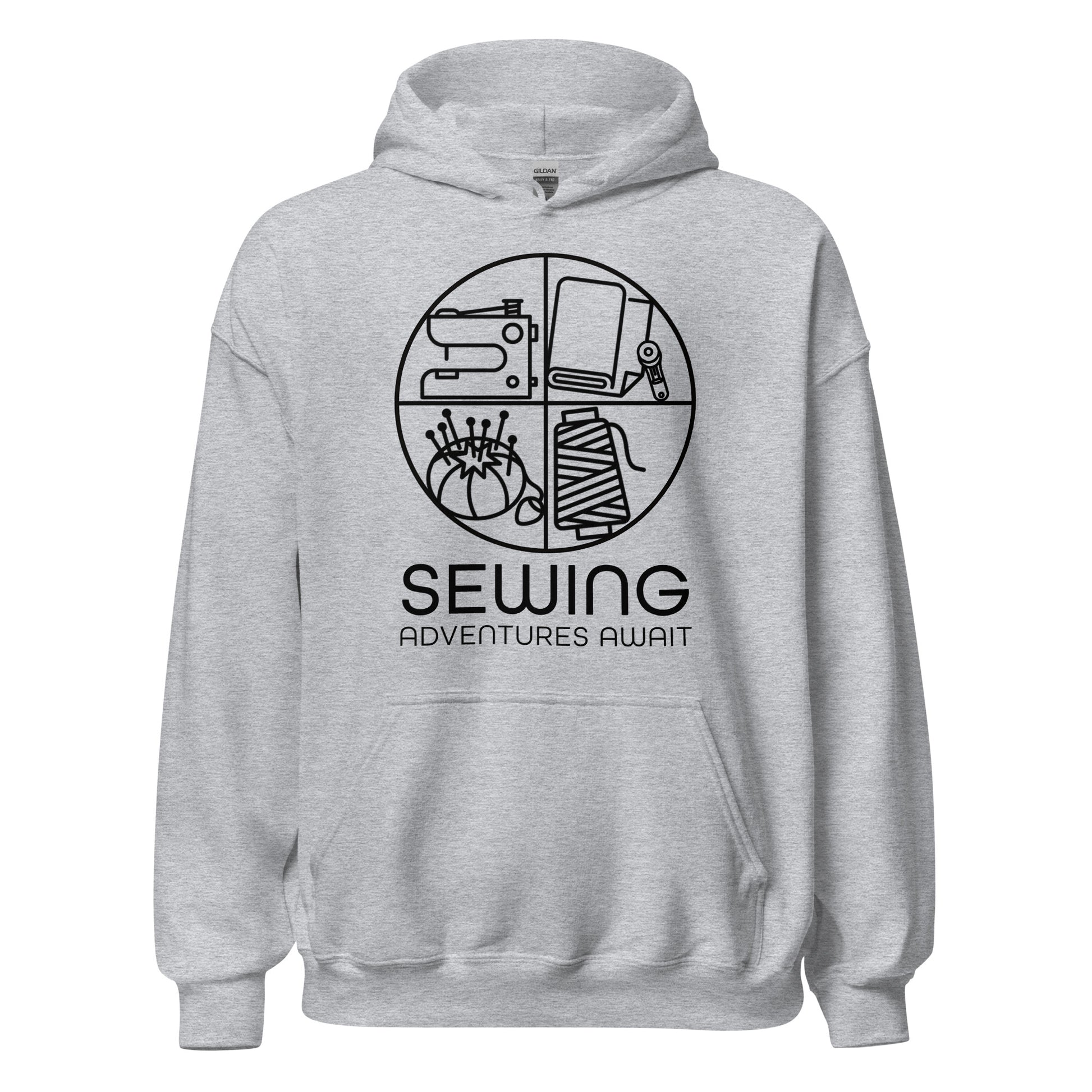 Ghost product image Moxie•Pop's unisex graphic hoodie with a black circle outline in four quadrants each with a sewing tool icon above 'Sewing Adventures Await' in sport grey