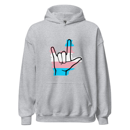 Ghost product image of Moxie•Pop's unisex graphic hoodie with blue, pink, and white stripes behind a black ASL I love you hand sign icon in support of transgendered design in sport grey