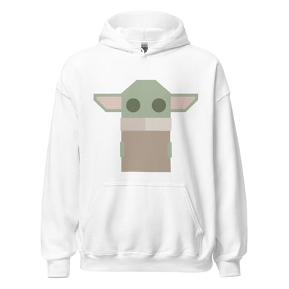 Ghost product image of Moxie•Pop's unisex graphic hoodie with a stylized geometric Grogu design in white