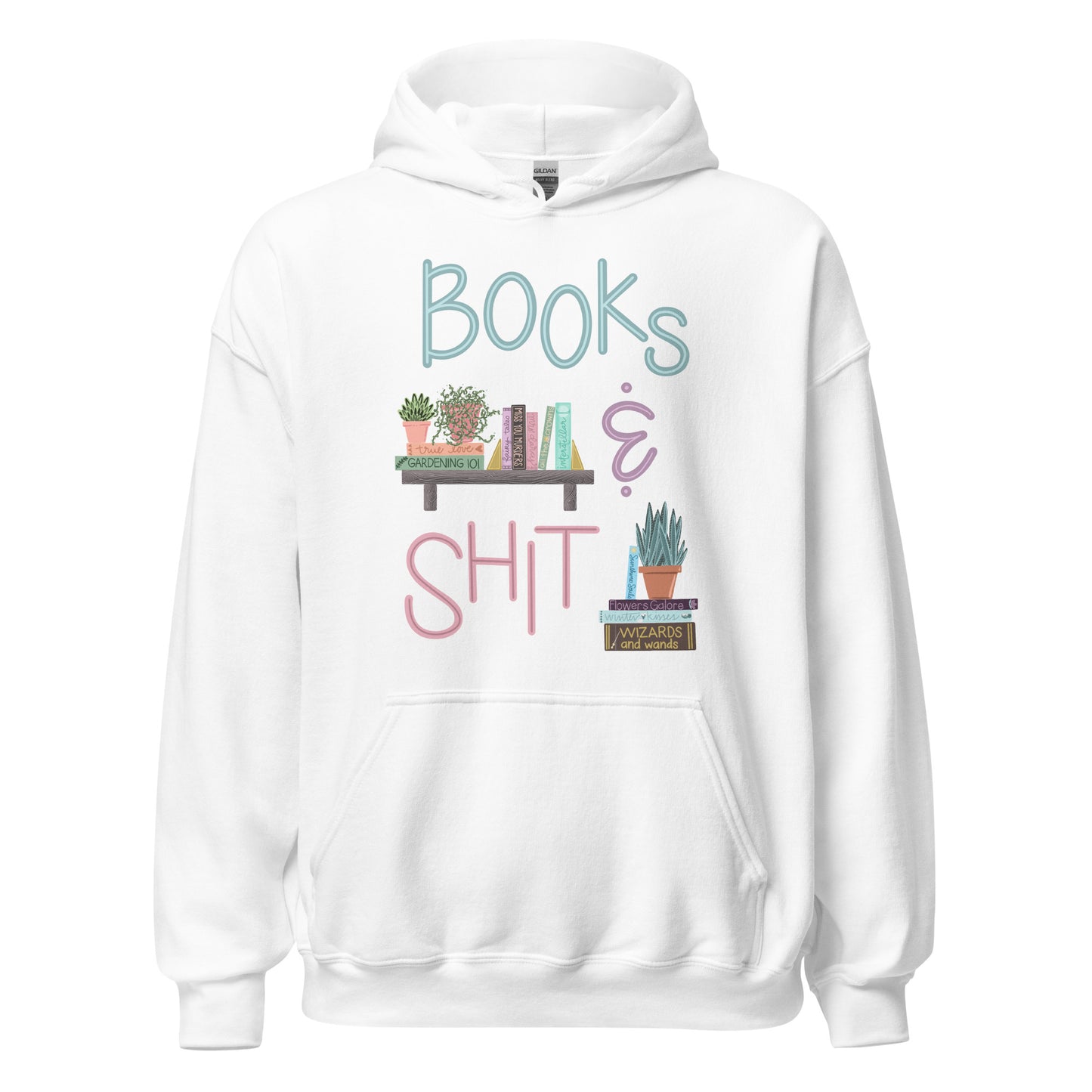 Ghost product image of Moxie•Pop's unisex graphic hoodie with "Books & Shit" with books and house plants artwork in white