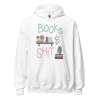 Ghost product image of Moxie•Pop's unisex graphic hoodie with "Books & Shit" with books and house plants artwork in white