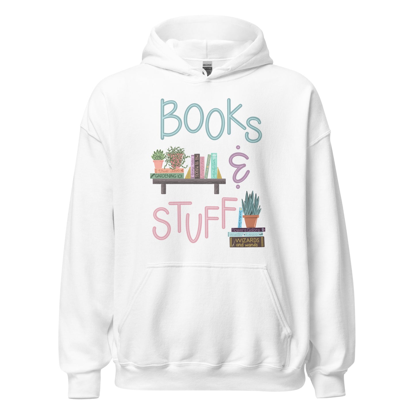 Ghost product image of Moxie•Pop's unisex graphic hoodie with "Books & Stuff" with books and house plants artwork in white