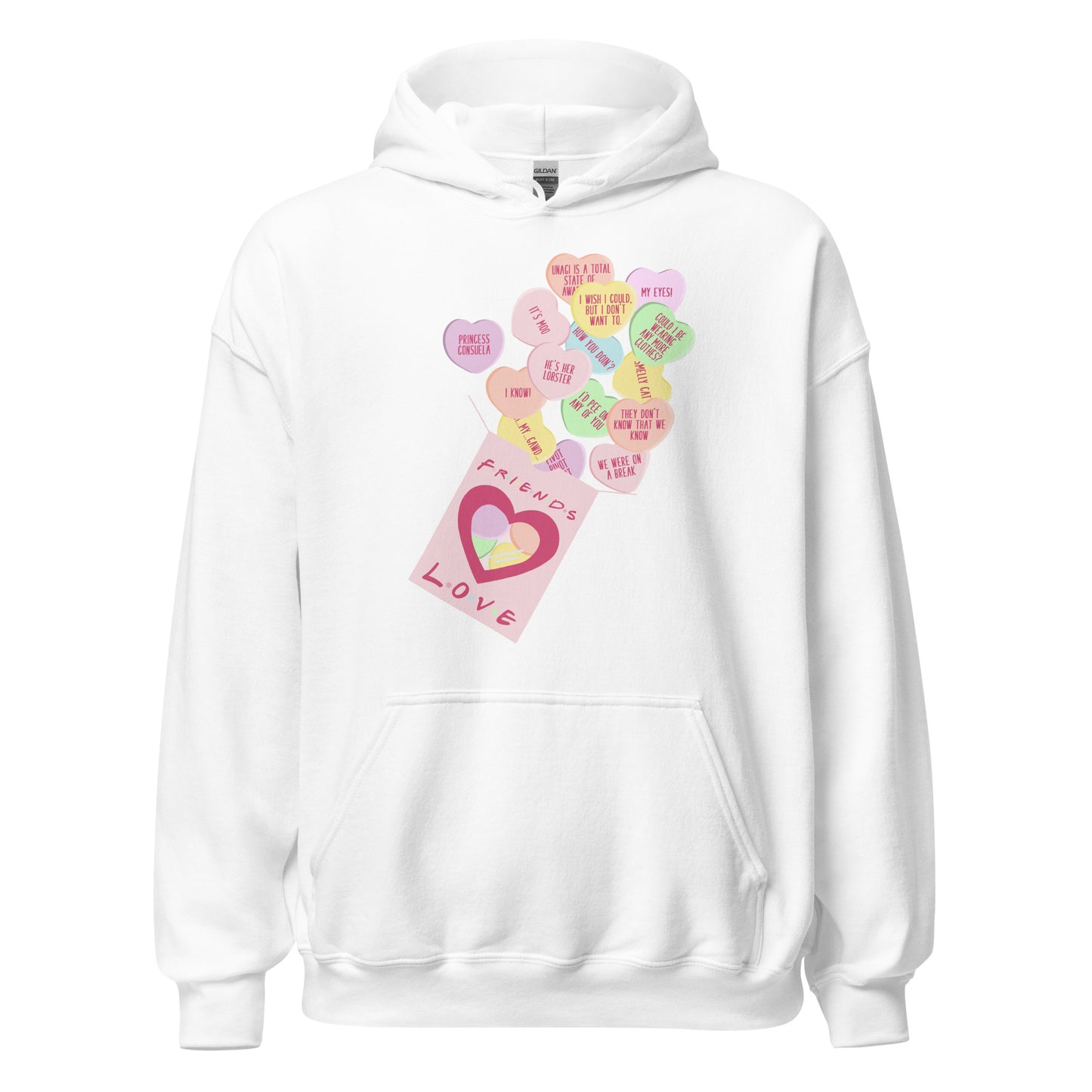 Ghost product image of Moxie•Pop's unisex graphic hoodie with Valentine's conversation hearts with quotes from the Friends TV show and a box that reads "Friends Love" in white