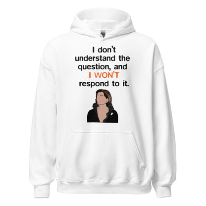 Ghost product image of Moxie•Pop's unisex graphic hoodie with the "I don't understand the question, and I won't respond to it" with Lucille Bluth illustration design in white