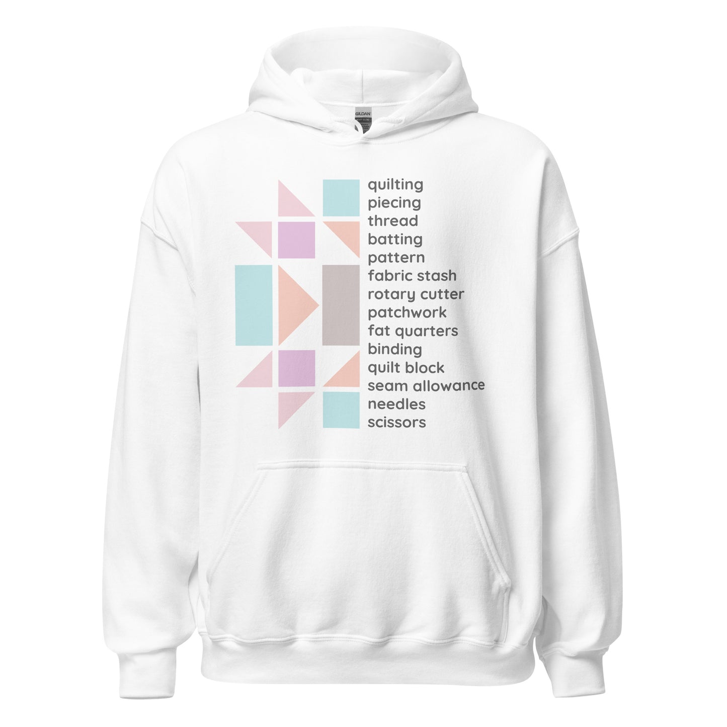 Ghost product image of Moxie•Pop's unisex graphic hoodie with a design of half a pastel quilt block and a list of quilting terms in white