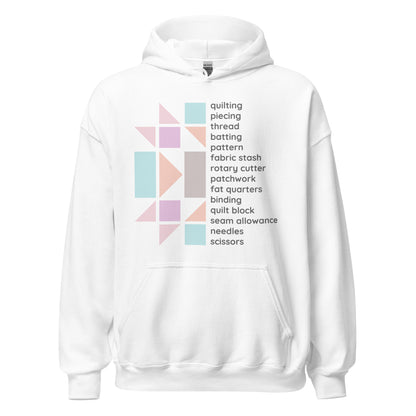 Ghost product image of Moxie•Pop's unisex graphic hoodie with a design of half a pastel quilt block and a list of quilting terms in white