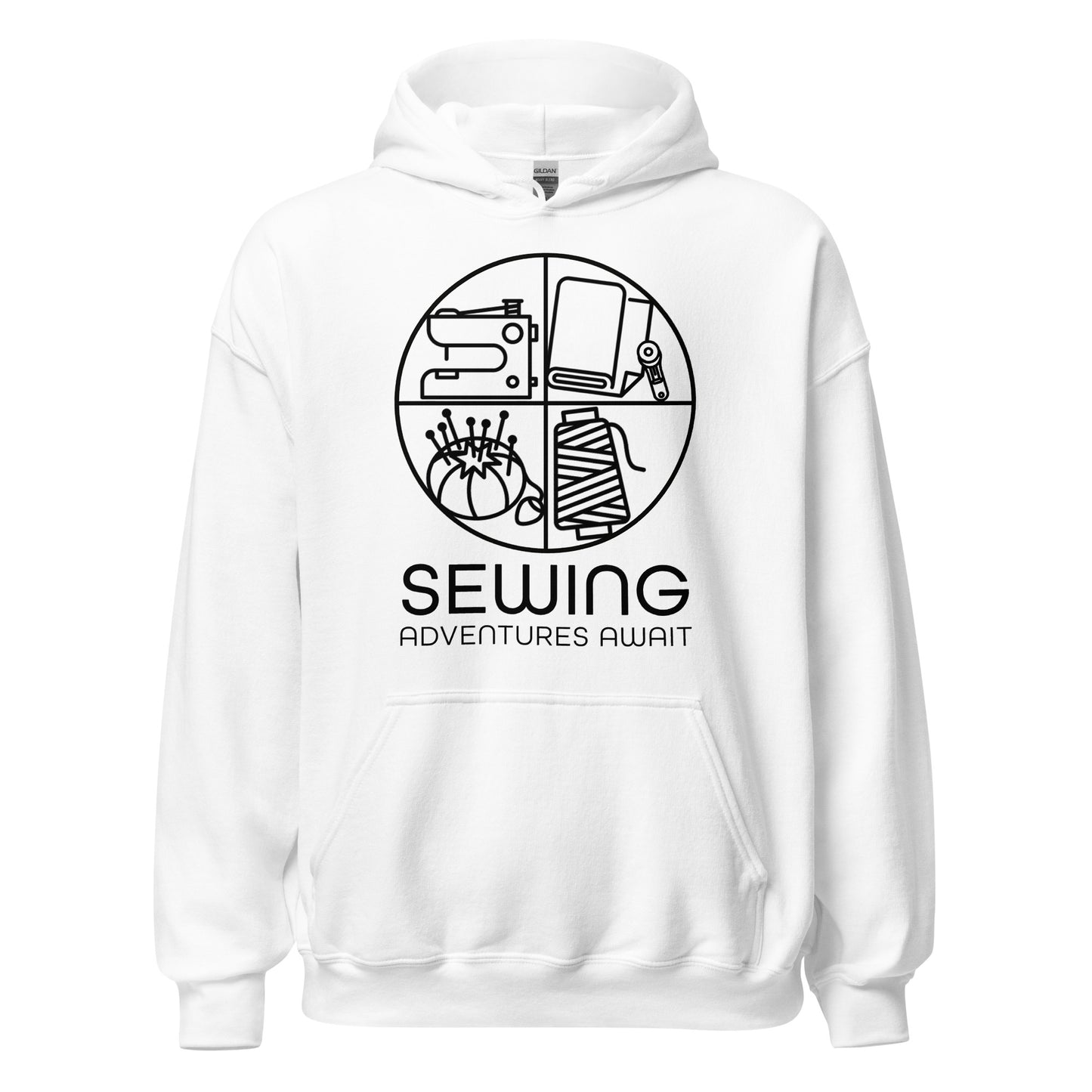 Ghost product image Moxie•Pop's unisex graphic hoodie with a black circle outline in four quadrants each with a sewing tool icon above 'Sewing Adventures Await' in white