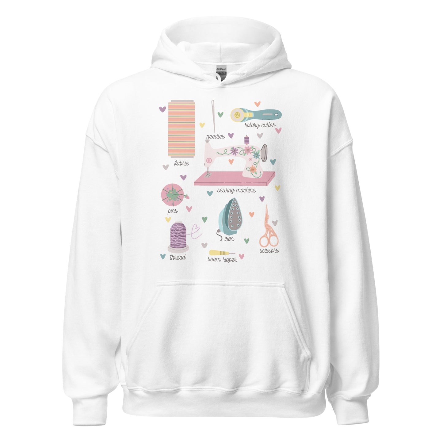 Ghost product image of Moxie•Pop's unisex graphic hoodie with a hand-drawn design of a series of sewing tools with their names below design in white