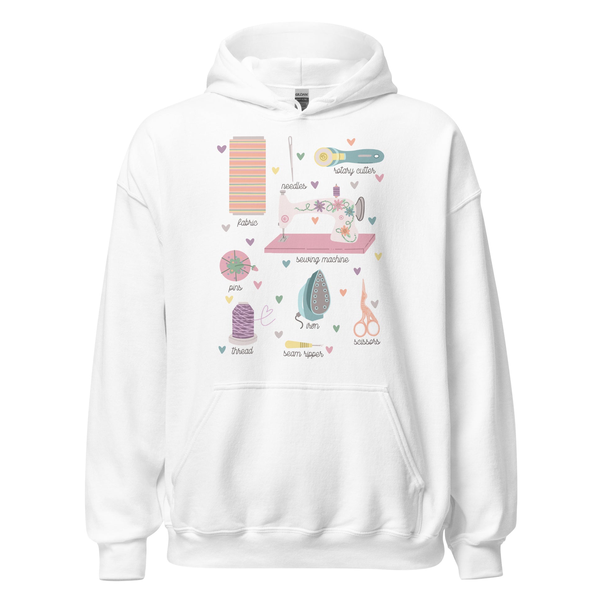 Ghost product image of Moxie•Pop's unisex graphic hoodie with a hand-drawn design of a series of sewing tools with their names below design in white