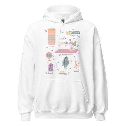 Ghost product image of Moxie•Pop's unisex graphic hoodie with a hand-drawn design of a series of sewing tools with their names below design in white