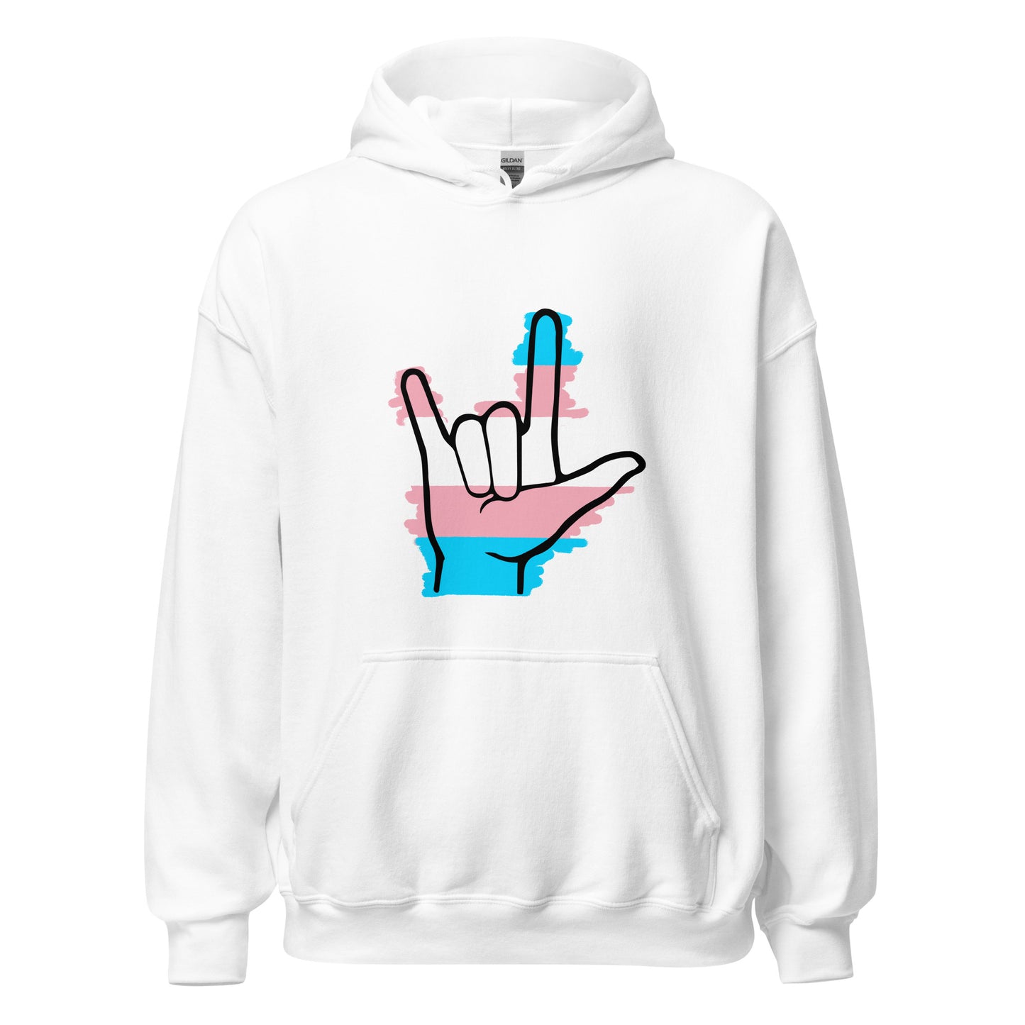 Ghost product image of Moxie•Pop's unisex graphic hoodie with blue, pink, and white stripes behind a black ASL I love you hand sign icon in support of transgendered design in white