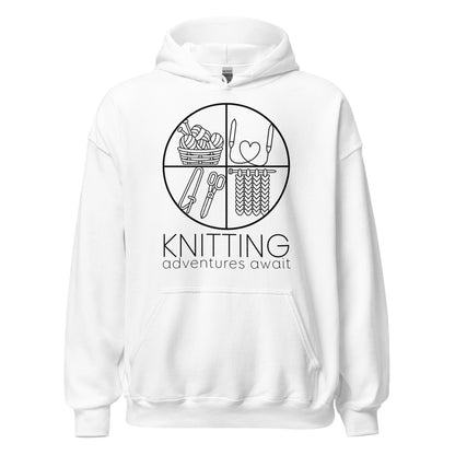 Ghost product image of Moxie•Pop's unisex graphic hoodie with "KNITTING adventures await" below a circle filled with knitting implements icons design in white