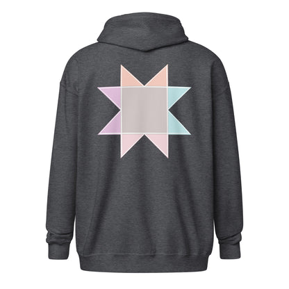 Back view ghost image of Moxie•Pop's unisex zip hoodie with a pastel sawtooth star quilt block design in dark heather