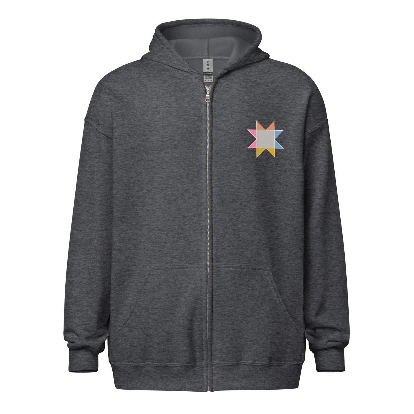 Front of Moxie•Pop's unisex zip hoodie in dark heather with small sawtooth star quilt block on left chest. 