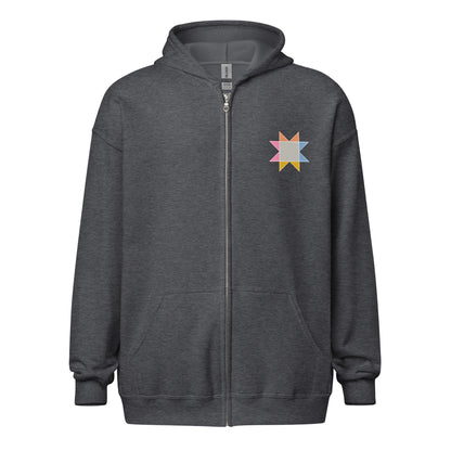 Front of Moxie•Pop's unisex zip hoodie in dark heather with small sawtooth star quilt block on left chest. 