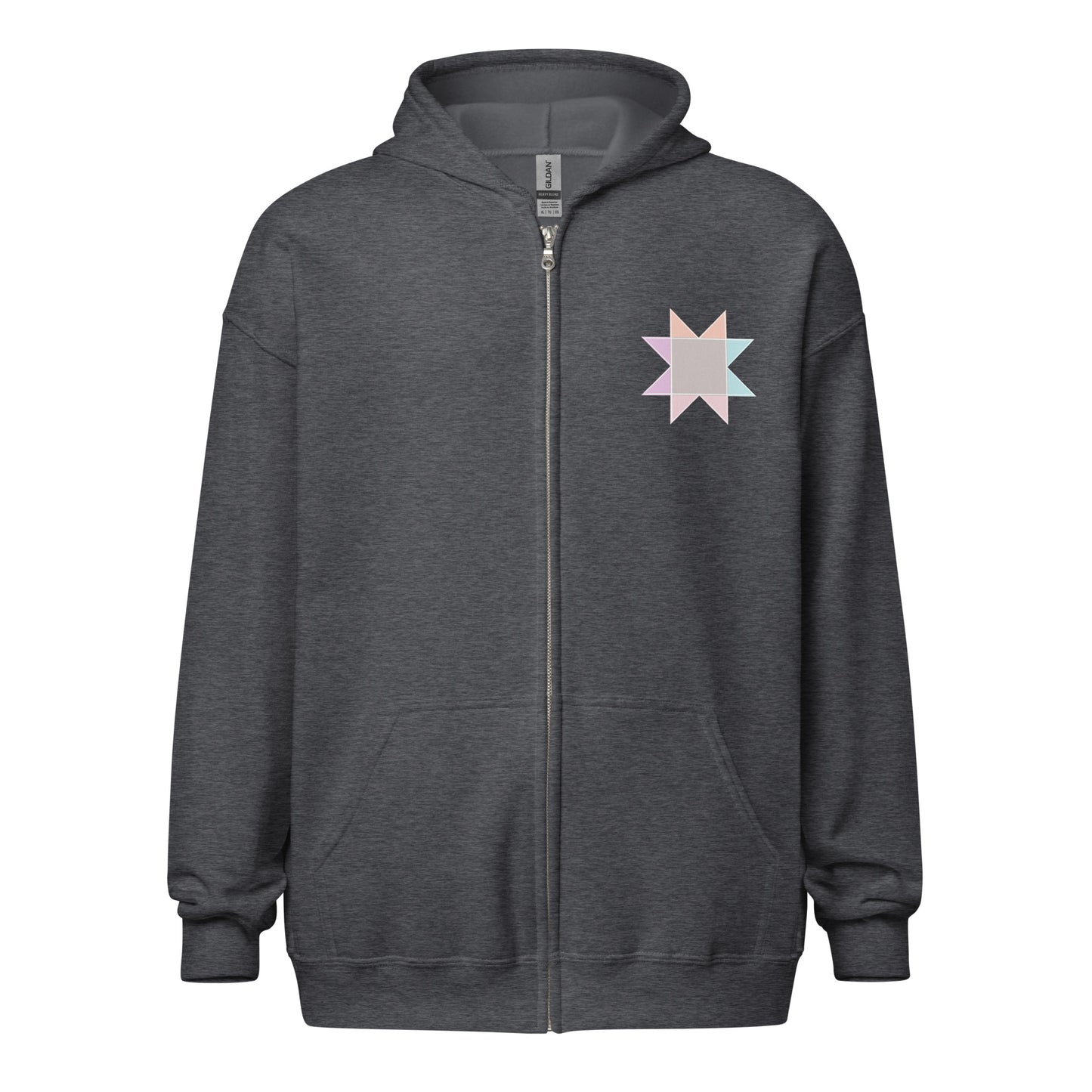 Front view ghost image of Moxie•Pop's unisex zip hoodie with a pastel sawtooth star quilt block design on left chest in dark heather