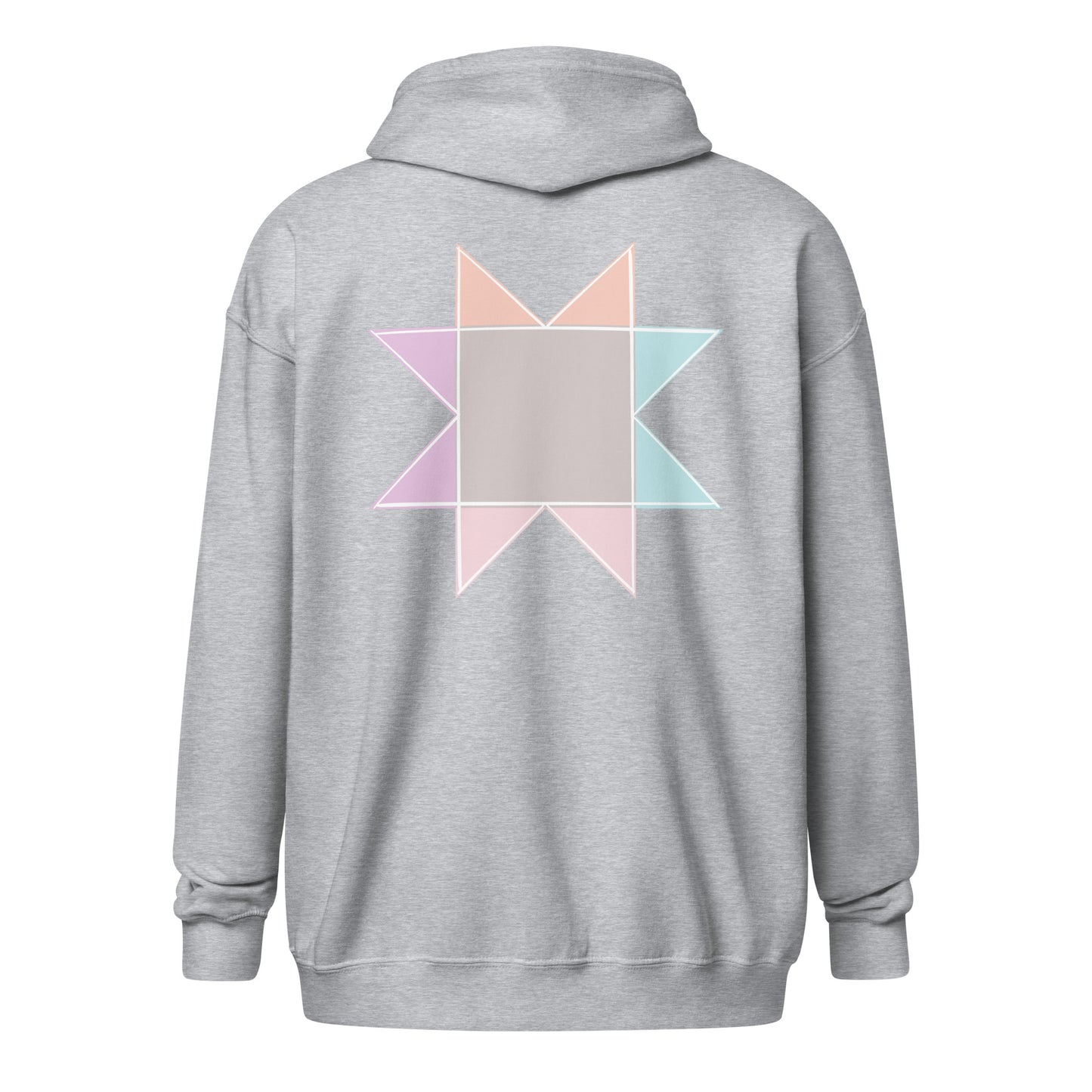 Back view ghost image of Moxie•Pop's unisex zip hoodie with a pastel sawtooth star quilt block design in sport grey