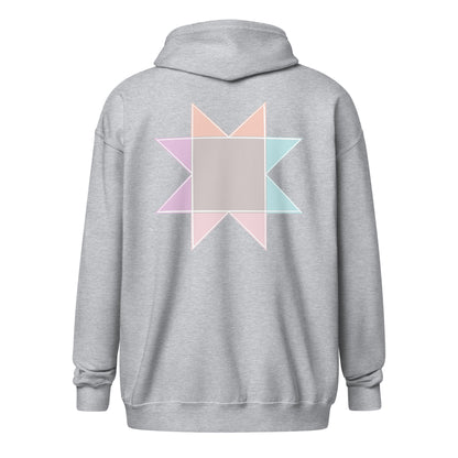 Back view ghost image of Moxie•Pop's unisex zip hoodie with a pastel sawtooth star quilt block design in sport grey