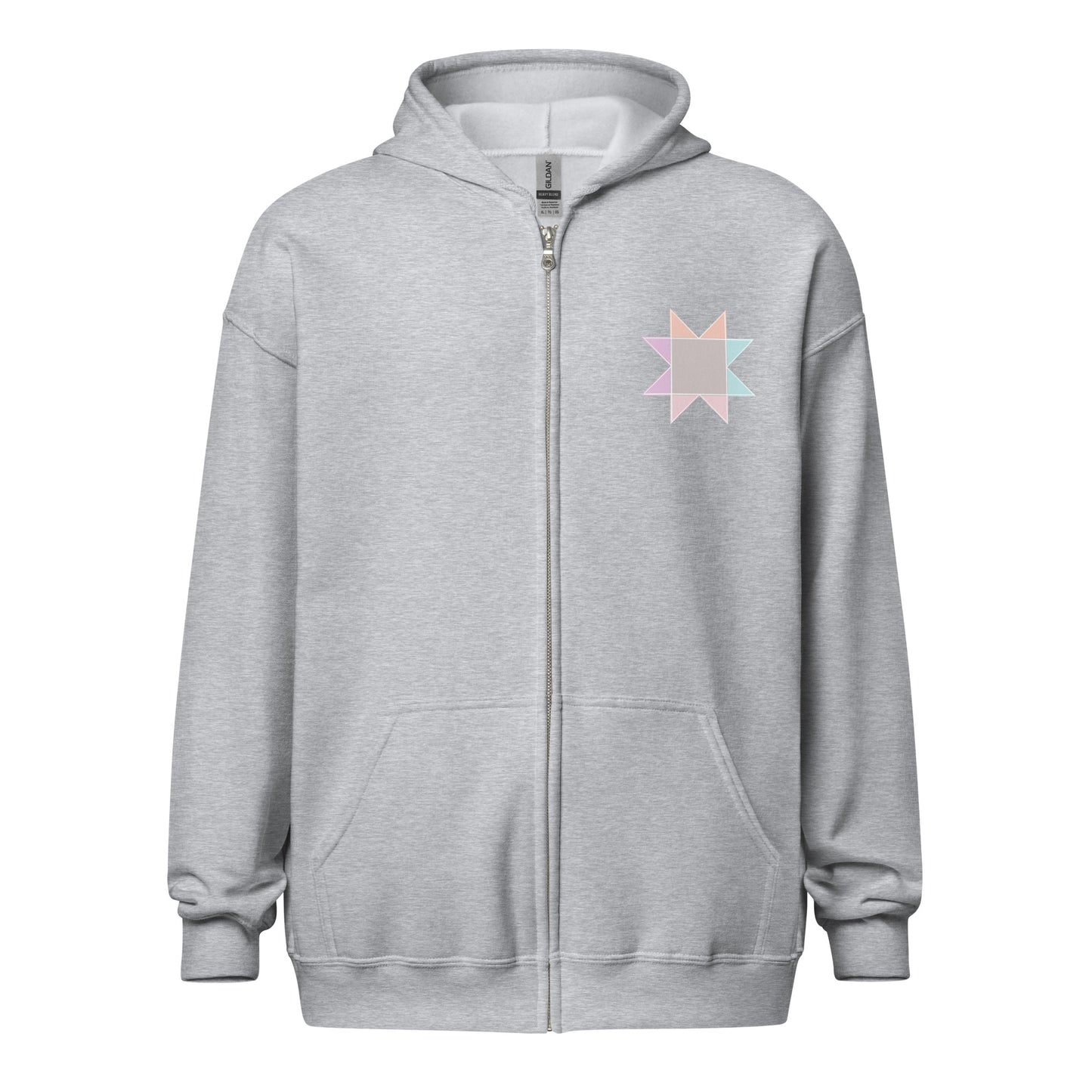 Front view ghost image of Moxie•Pop's unisex zip hoodie with a pastel sawtooth star quilt block design on front left chest in sport grey