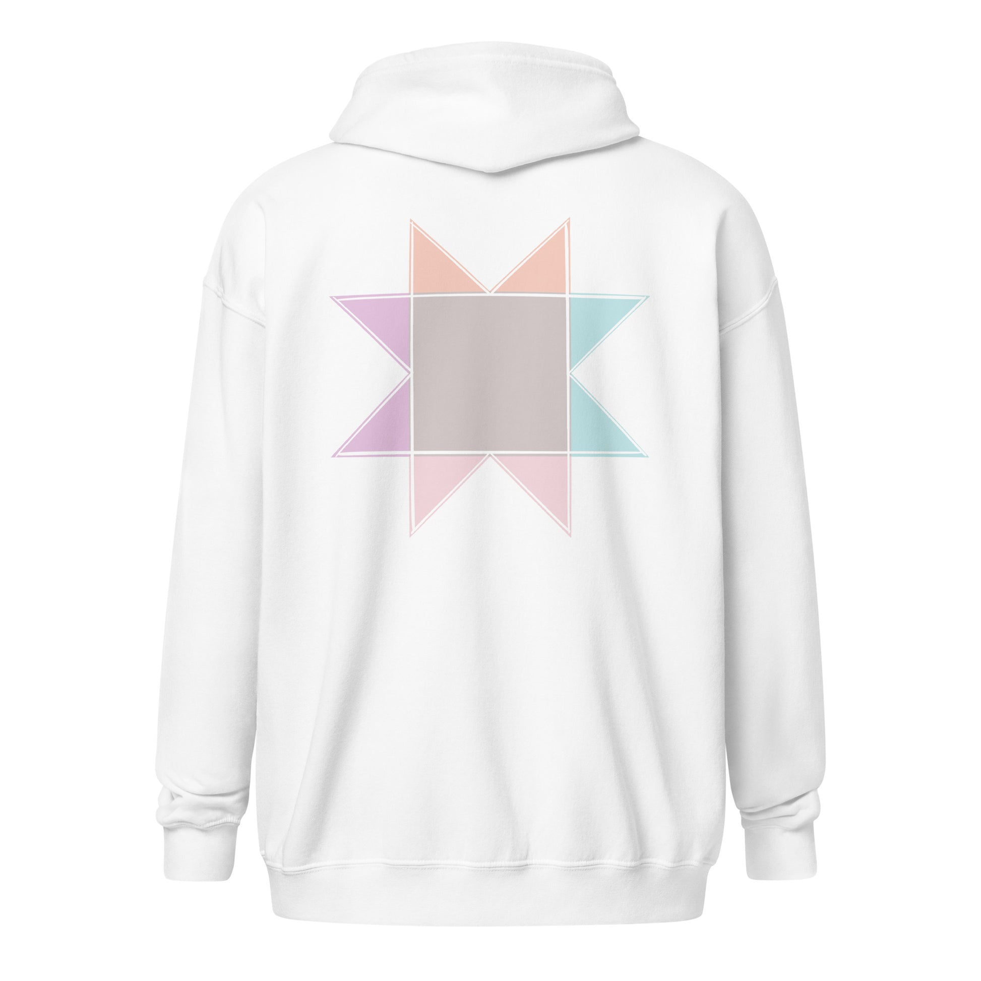 Back view ghost image of Moxie•Pop's unisex zip hoodie with a pastel sawtooth star quilt block design in white