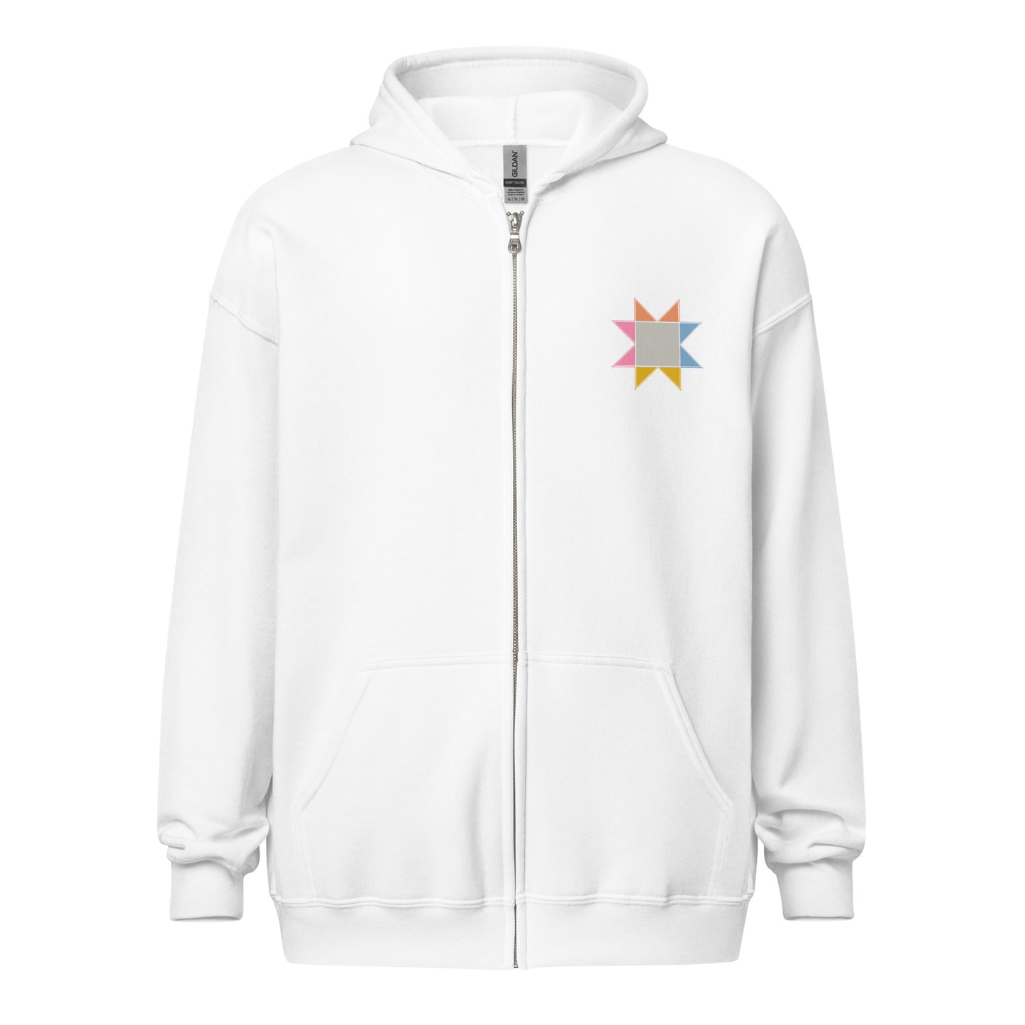 Front of Moxie•Pop's unisex zip hoodie in white with small sawtooth star quilt block on left chest. 